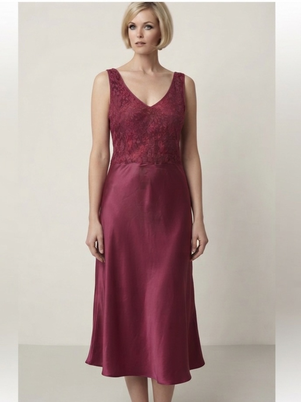 Vintage 90s WinterSilks 100% Silk Slip Dress Nightgown Burgundy Lace Bodice L